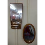 Two teak framed mirrors and a pine framed mirror