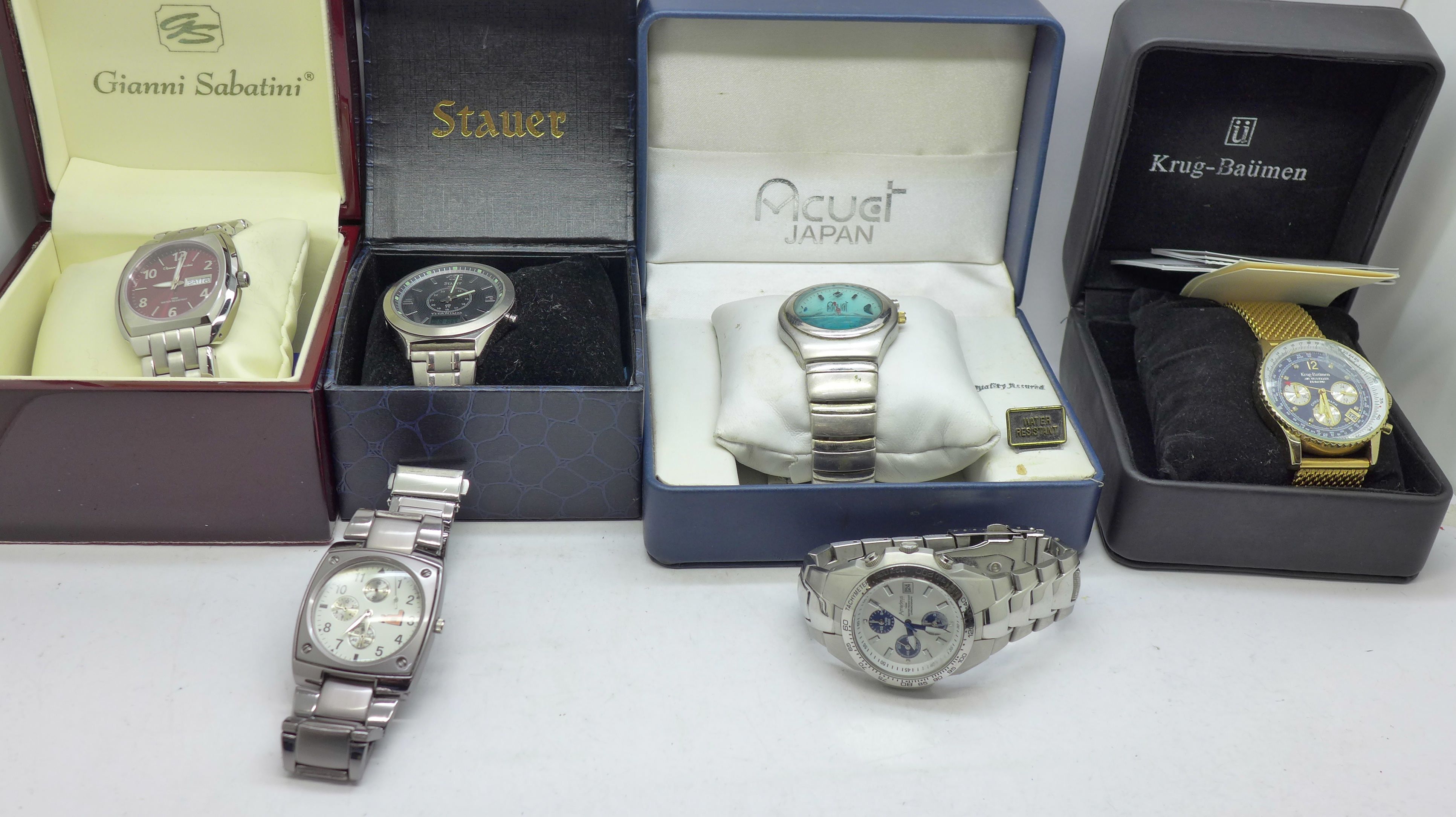 Six fashion wristwatches, Gianni Sabatini, Krug Baumen, Stauer and three others