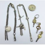 Two Albertina chains, an Omega wristwatch movement and three watch keys, (movement dial 17mm)