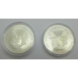 Two 1oz fine silver dollars, 1995 and 1999