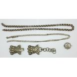 A silver Albert chain, a/f, one other chain, no fasteners, etc.