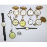 Two silver cased pocket watches, six plated pocket watches and two wristwatches, a/f