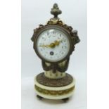 A 19th Century French gilt metal and alabaster timepiece with enamel dial, 19cm