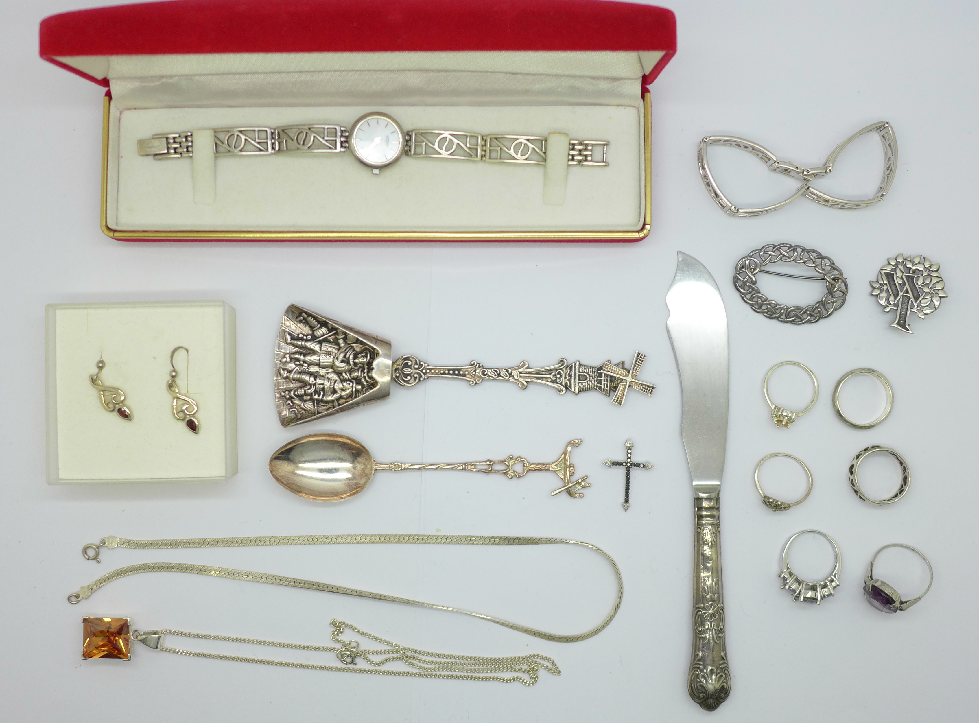 A lady's silver Rotary wristwatch and matching bracelet, six silver rings and other jewellery