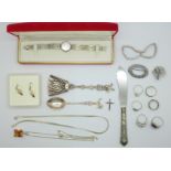 A lady's silver Rotary wristwatch and matching bracelet, six silver rings and other jewellery