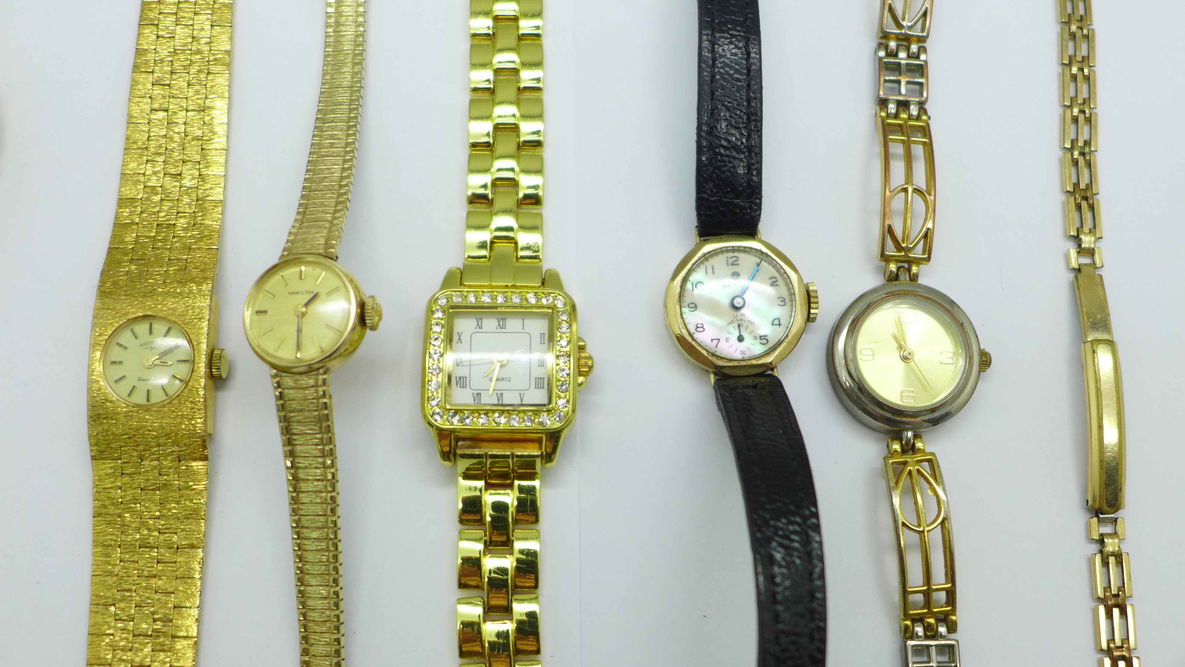 Two lady's 9ct gold cased wristwatches, including Verity with mother of pearl dial, a gold plated - Image 2 of 7