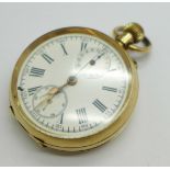 A 14ct gold, 30 minute stop-watch pocket watch, metal inner case cover, 45mm case, total weight 73.