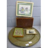 The Bullet game, a large brass tray, two embroideries and a case **PLEASE NOTE THIS LOT IS NOT