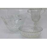 A Victorian engraved cut glass celery jar, a large Stuart Crystal bowl in Shelton design with