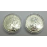 Two 1oz fine silver Britannia coins, 2004 and 2006