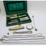 A silver fob watch, a/f, a part manicure set, silver jewellery and a pocket knife