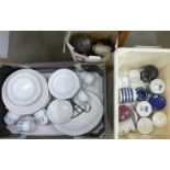 A box of Brindley Satin White dinnerwares, a box of stoneware bottles and Stilton cheese pots **