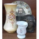 A Royal Doulton Dickens plate, a Fieldings blush ivory vase, an opaline glass mug and an Art Nouveau