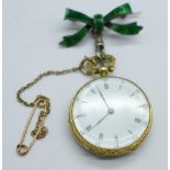 A French Charles Oudin, gold, green enamel and old cut diamond set fob watch, with diamond set