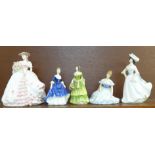 Two Royal Doulton figures, both seconds, two Coalport figures, Rose and Rosalinda, and one other