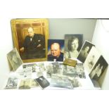 A Huntley & Palmers Sir Winston Churchill tin, crown and postcard, photographs including military