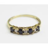 A 9ct gold, five stone sapphire and diamond ring, 1.3g, Q