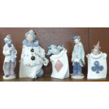 Five Spanish clown and jester figures;- Lladro Sad Sax, model no. 5471, issued 1988, retired,