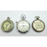 Two pocket watches including Ingersoll, a/f, and a Smiths stopwatch