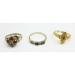 Three gold rings, all a/f, 18ct gold and ruby, 2.3g, 9ct gold, amethyst and seed pearl, 2g, and