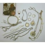 Silver and white metal jewellery and a collection of silver and other British coins