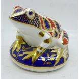 A Royal Crown Derby frog paperweight, gold stopper, boxed