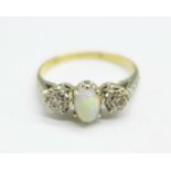A a yellow metal and white metal set, diamond and opal ring, 2.4g, M