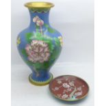 A cloisonne vase, 21cm, and a pin dish