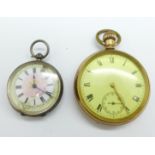 A gold plated pocket watch and a silver fob watch, dial a/f