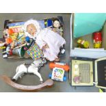 An oriental doll, a composition doll, a Bayco Building Outfit 12, Fisher Price toys, tin plate
