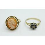 A 9ct gold, sapphire and diamond ring and a 9ct gold cameo ring, total weight 3.2g, M and O