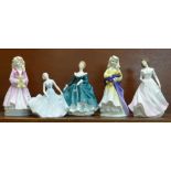 Five Royal Doulton figures; Pirouette, Janine, Faith, Charity and one un-named