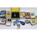A collection of blue stone set jewellery in silver and white metal