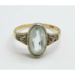 An Art Deco 14ct gold, blue stone and old cut diamond set ring, 2.2g, M, (lacking three small