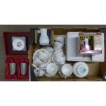 A collection of china including Wedgwood and Royal Adderley, two Royal Selangor pewter goblets,