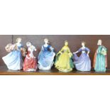 Six Royal Doulton figures including Christmas Morn and Elizabeth, one a/f (Elegance)