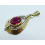 A hallmarked 9ct yellow and white gold, red stone set pendant, 2.9g, stone 8mm x 10mm