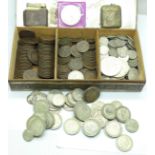 A vesta case, a Colibri lighter, and a tin of coins, crowns, pennies, sixpences, half pennies,