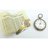 An .800 silver fob watch and a novelty pocket knife inset with a farthing coin, with box and leaflet