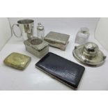 A silver plated inkwell, one other inkwell, two boxes, tankard, etc.