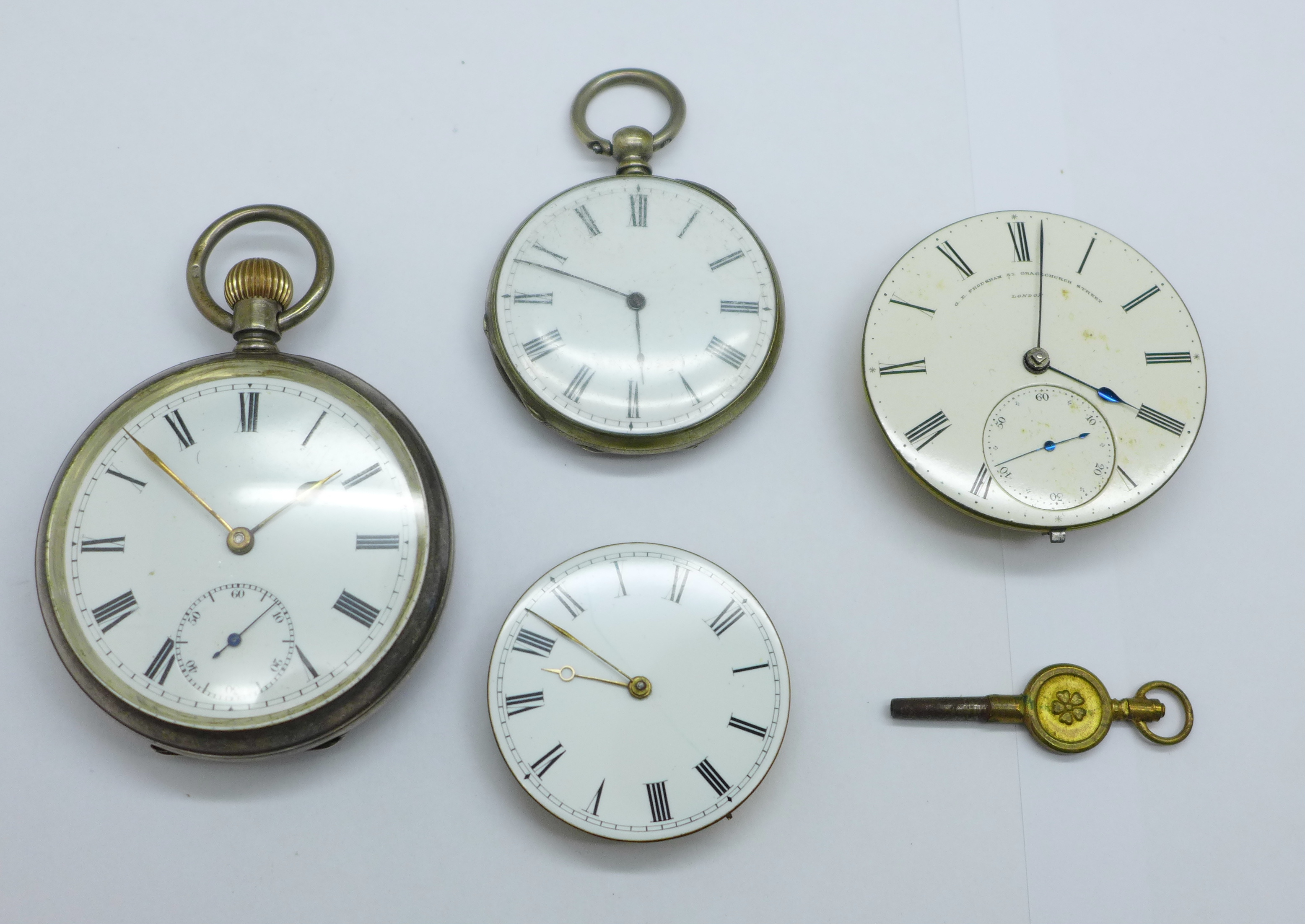 A silver cased pocket watch, one other pocket watch and two movements including one marked Frodsham