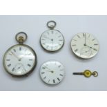 A silver cased pocket watch, one other pocket watch and two movements including one marked Frodsham