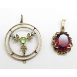 A peridot and pearl pendant, a/f and a red stone pendant, both test as 9ct gold, 4.7g