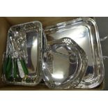 Three silver plated trays, silver plated cutlery, basket, bowl, etc. **PLEASE NOTE THIS LOT IS NOT