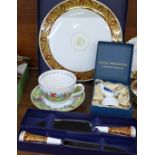 A collection of Royal Worcester porcelain, cake plate, cup and saucer, pie funnel, cake knife and