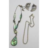 A silver and abalone necklet, a pair of Siam silver earrings and a .925 silver chain, (chain 30cm)