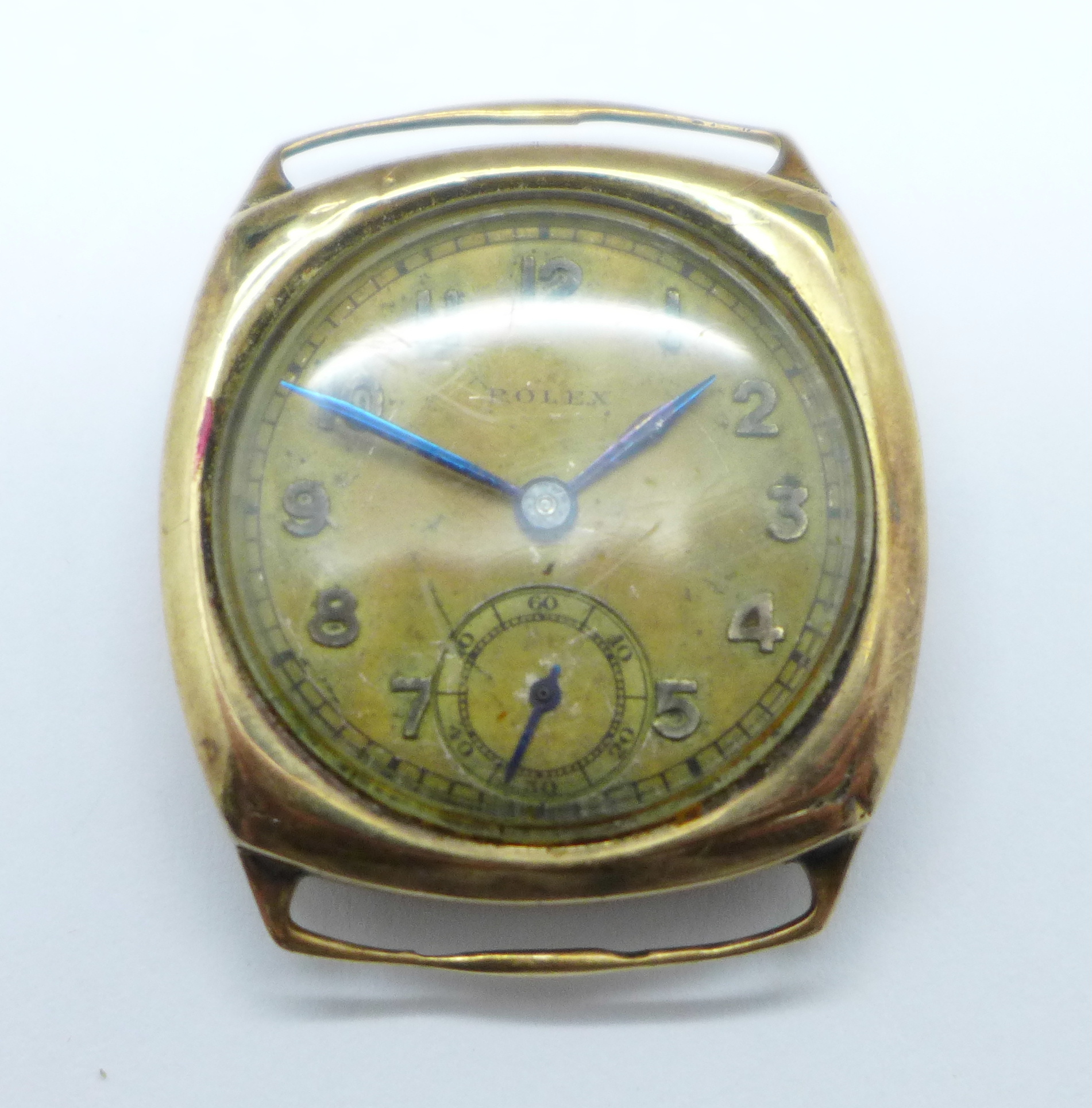 A 9ct gold Rolex wristwatch, a/f, dial, movement and case marked, 26mm case, lacking button