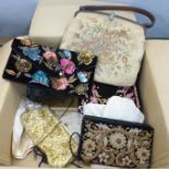 A collection of handbags and purses including beaded