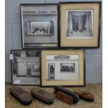 Four Turney Bros. Ltd advertising photographs, framed and five Turney Bros. polishing brushes