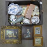 A box of assorted china including Royal Doulton, Beswick, Masons bowl, a glass advertising bottle,